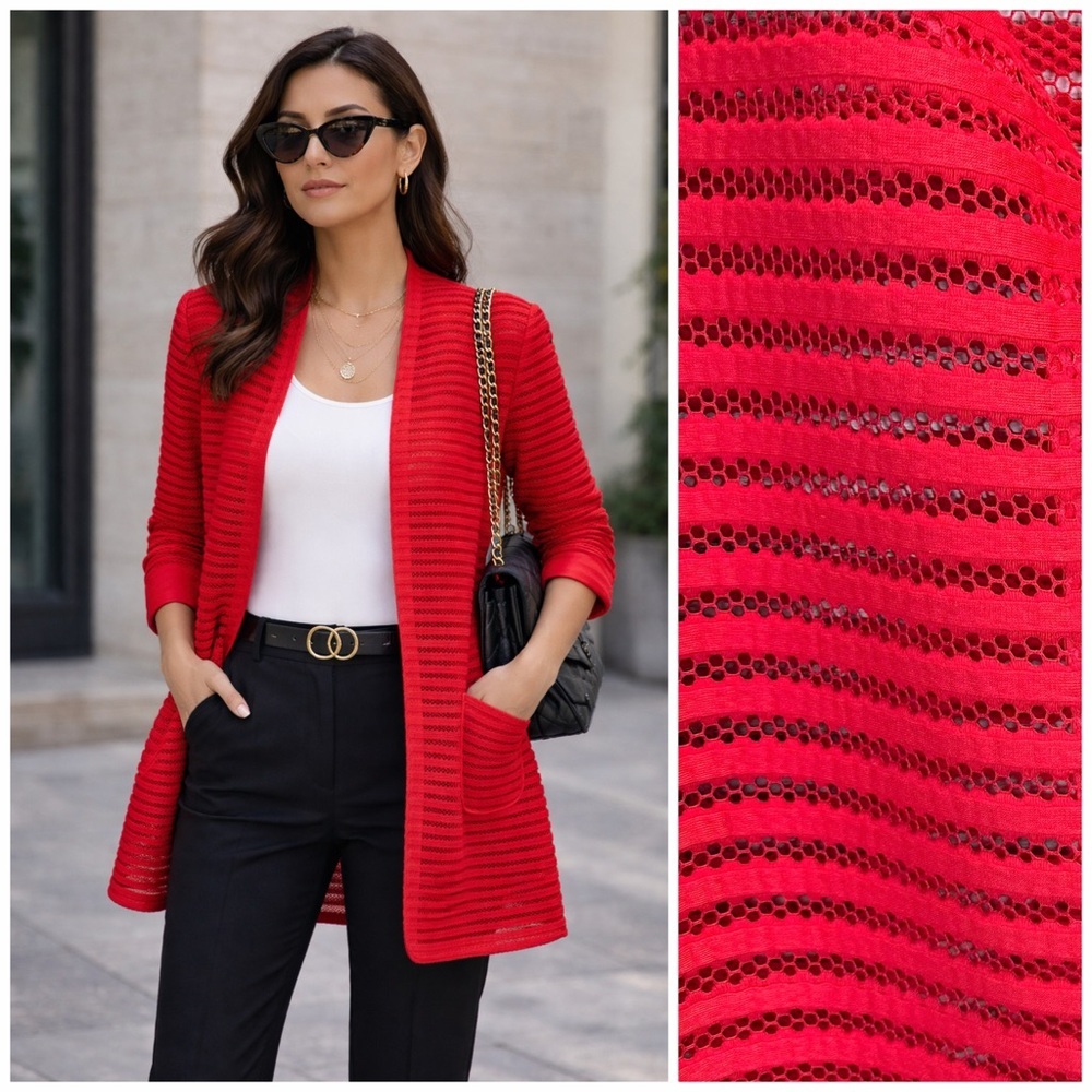 Luii Red Open Knit Longline Blazer Career Chic Lightweight Jacket M Workwear